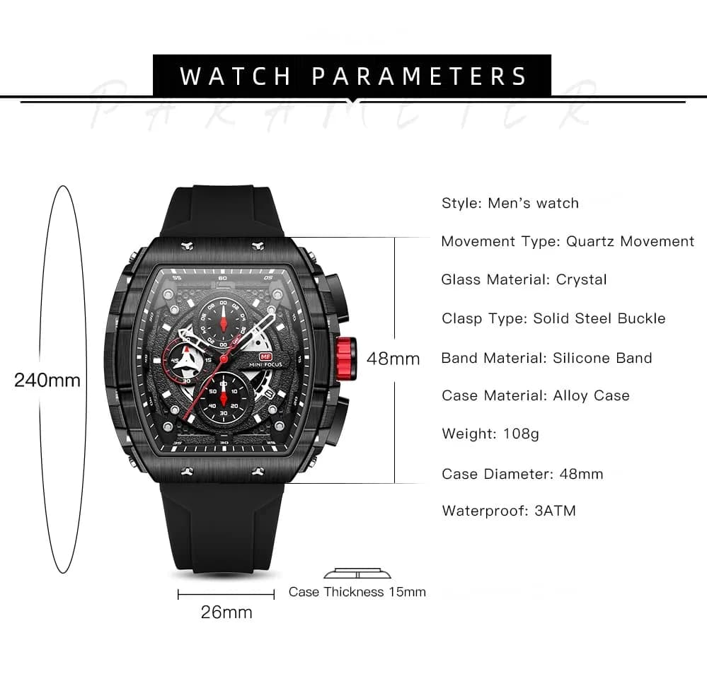 AIMES Men's Rectangle Skeleton Chronograph Watch 41.8mm Waterproof Black Silicon Strap thumbnail 6