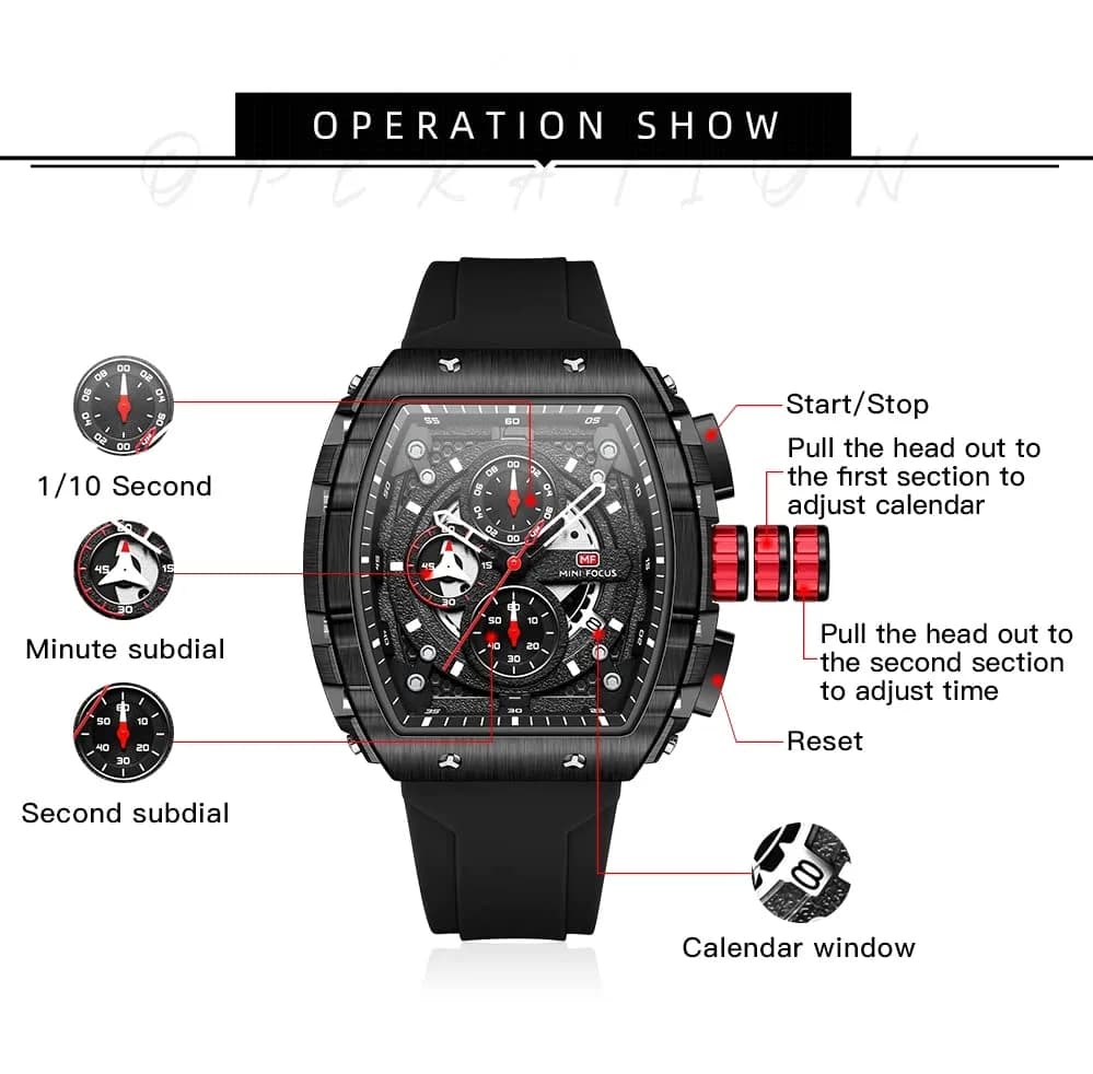 AIMES Men's Rectangle Skeleton Chronograph Watch 41.8mm Waterproof Black Silicon Strap thumbnail 9