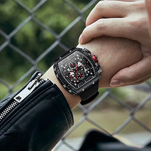 AIMES Men's Rectangle Skeleton Chronograph Watch 41.8mm Waterproof Black Silicon Strap thumbnail 2