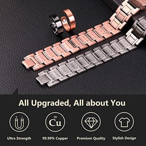 Feraco Men's Copper Magnetic Bracelet & Ring Set | 57 x 3500 Gauss Magnets, Adjustable, Gift Box thumbnail 3