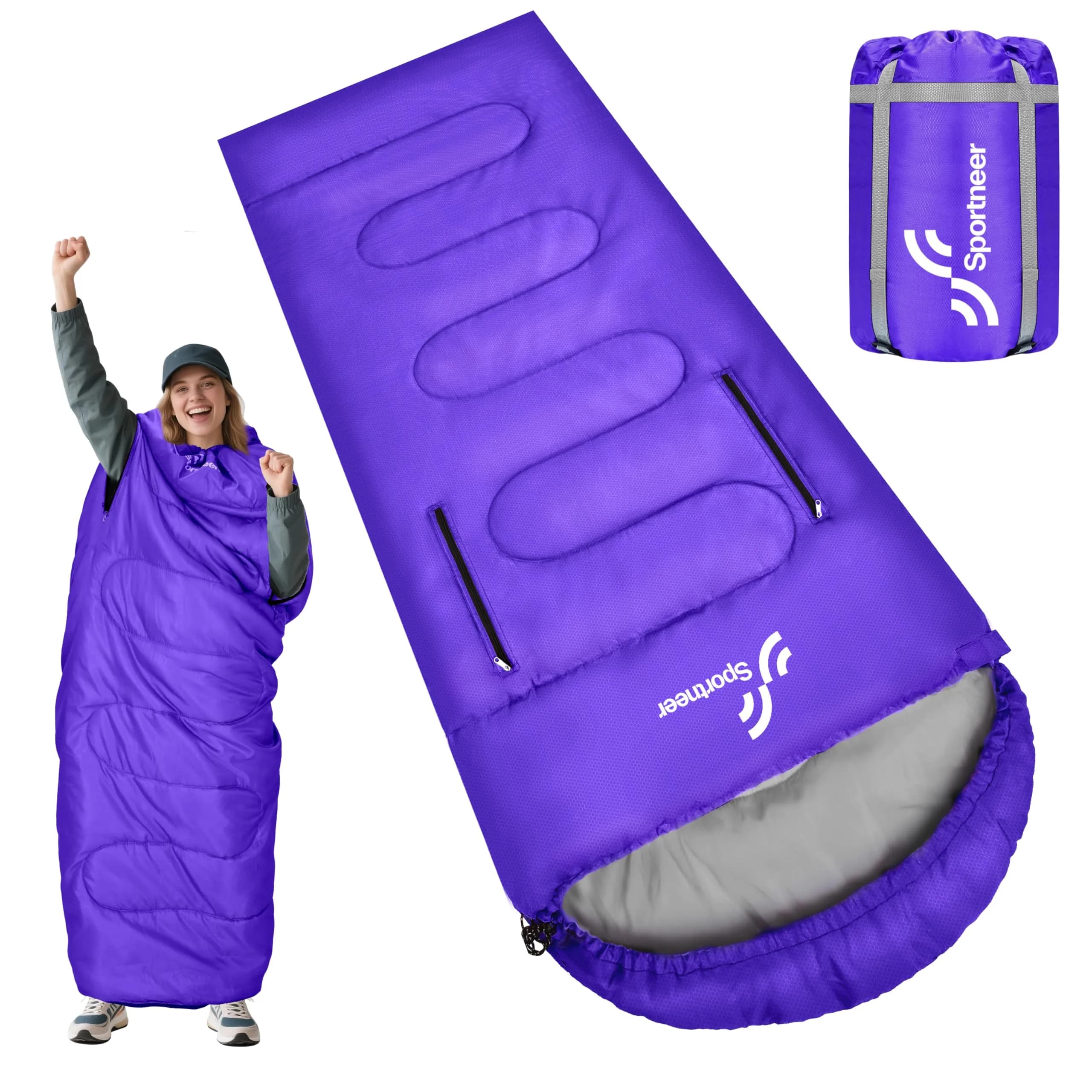 Sportneer Wearable Sleeping Bag for Adults & Kids | Waterproof to 32°F, Compact & Warm for Camping, Stadiums, Travel, Backpacking & Car Use — Purple / 87''Long / 32-65℉