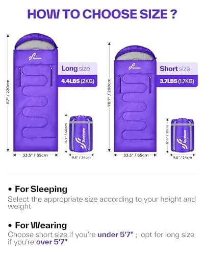 Sportneer Wearable Sleeping Bag for Adults & Kids – Walkable with Arm Zippers, 87'' Long, 32-65℉, Waterproof, Compact for Camping & Travel, Purple thumbnail 6