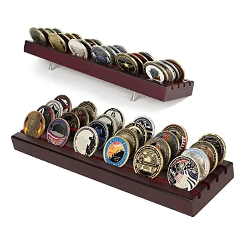 DecoWoodo Challenge Coin Display Stand 4 Rows Mahogany | Elegant & Durable — Large-Mahogany