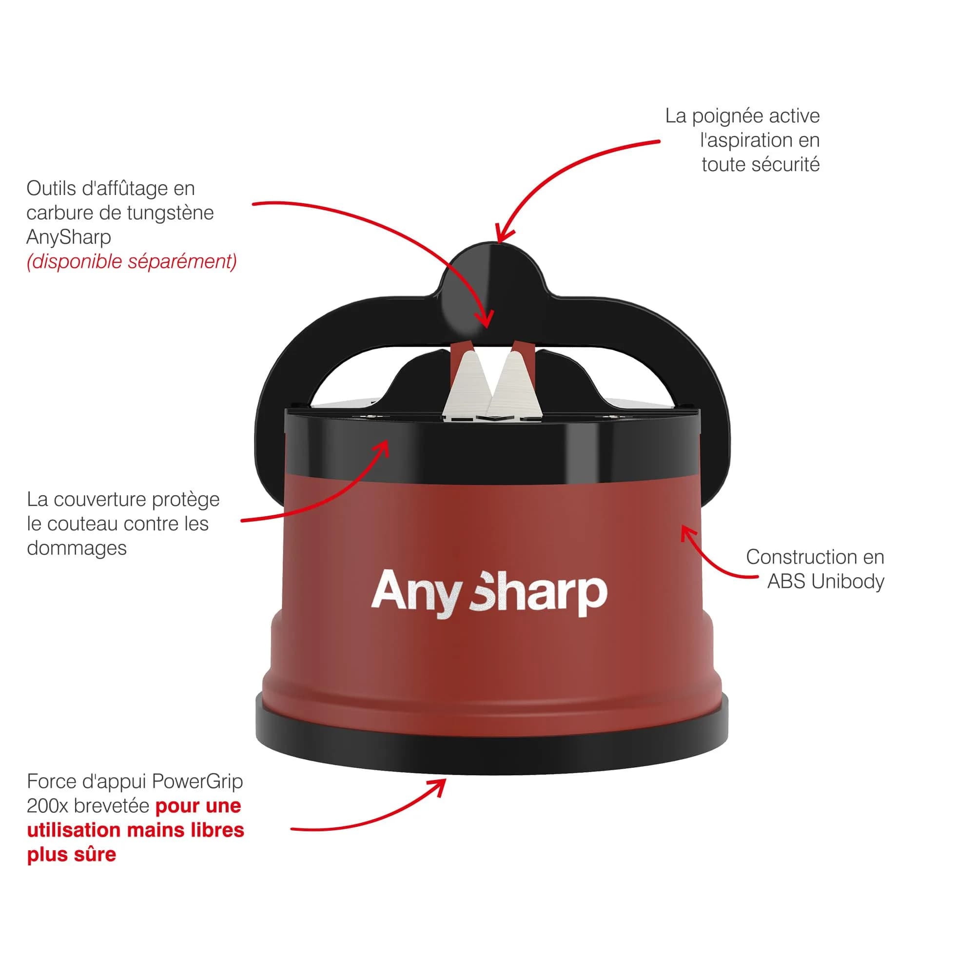 AnySharp Knife Sharpener Brick Red | Hands-Free Safety, PowerGrip Suction, Tungsten Carbide Blade thumbnail 4