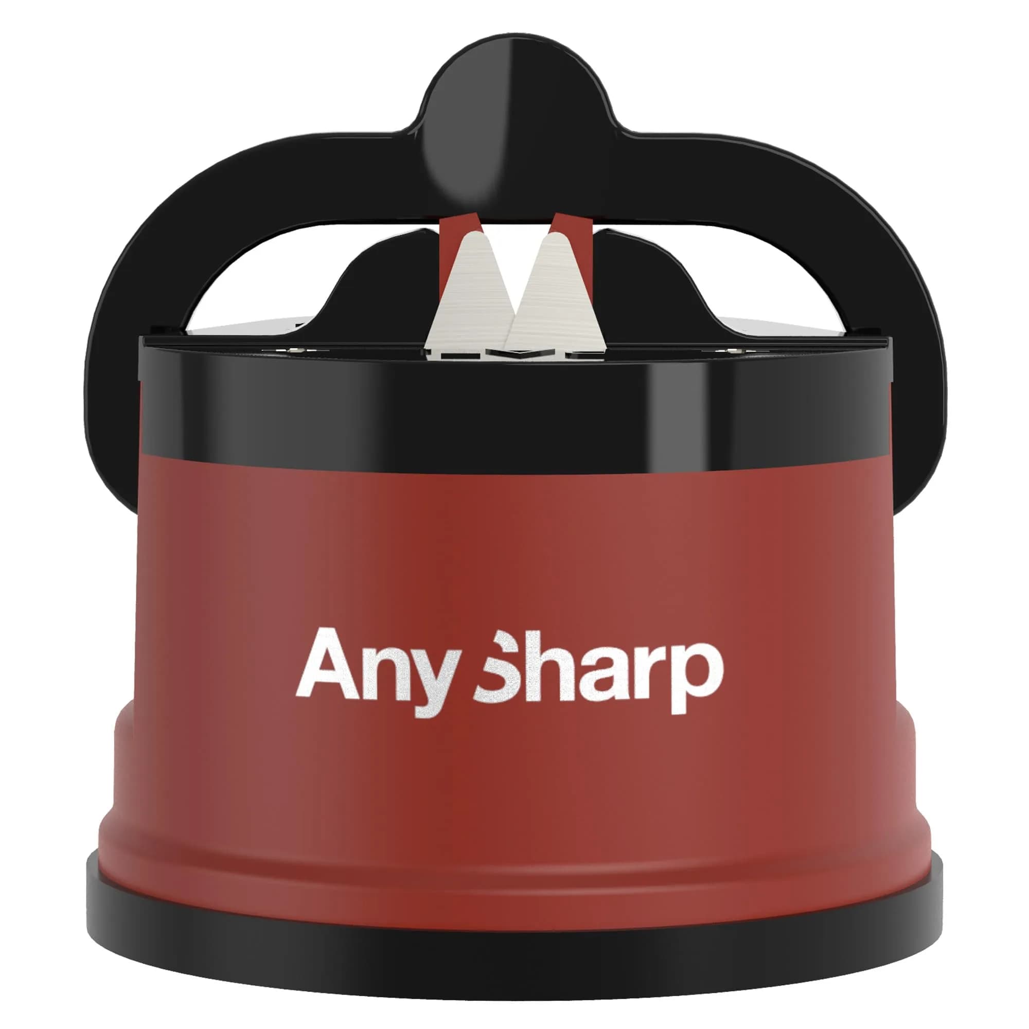 AnySharp Editions Knife Sharpener Daisy | Hands-Free Suction Base, 20-Degree Angle, Tungsten Carbide Edges — Brick Red / Classic Gift Box
