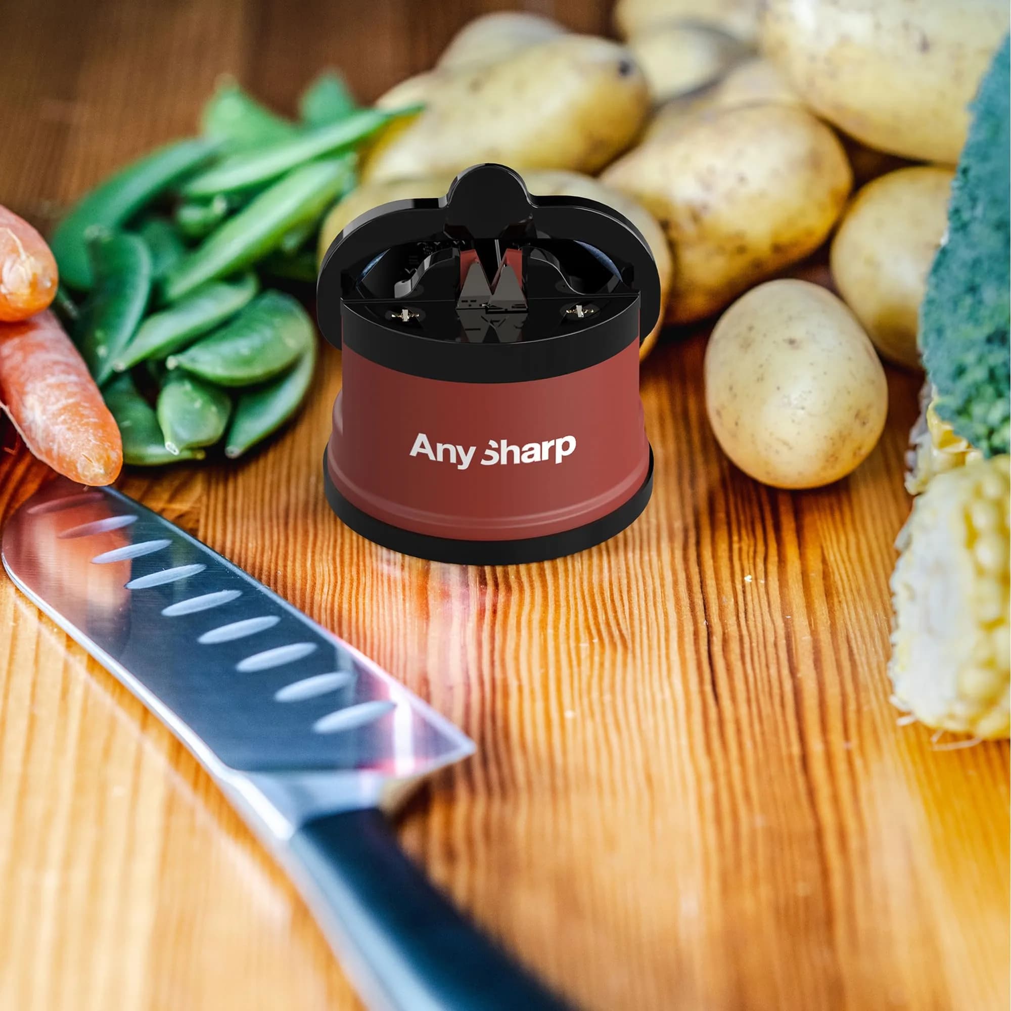 AnySharp Knife Sharpener Brick Red | Hands-Free Safety, PowerGrip Suction, Tungsten Carbide Blade thumbnail 7