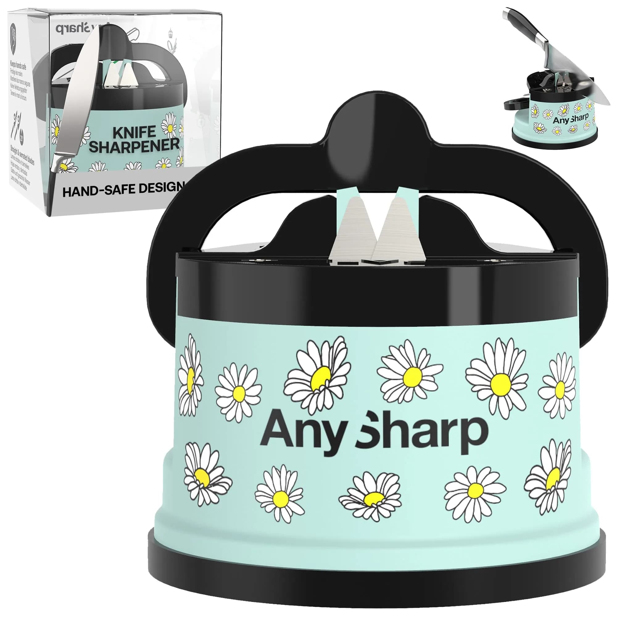 AnySharp Editions Knife Sharpener Daisy | Hands-Free Suction Base, 20-Degree Angle, Tungsten Carbide Edges — Daisy