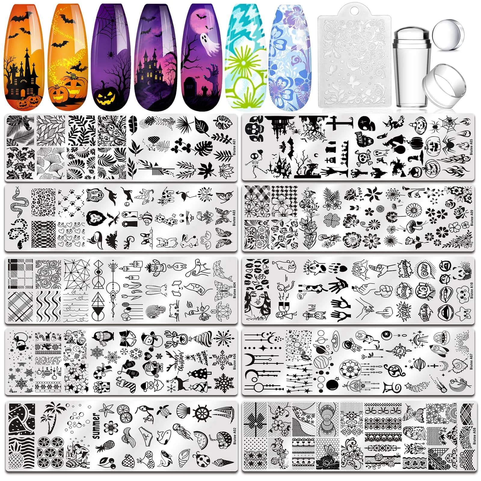 Biutee 10 pcs Nail Stamping Plates Set Halloween Nail Art Kit 12 x 4 cm (4.72 x 1.6 Inch) | Professional DIY Manicure Designs — Stamping Kit - 12 Piece Set