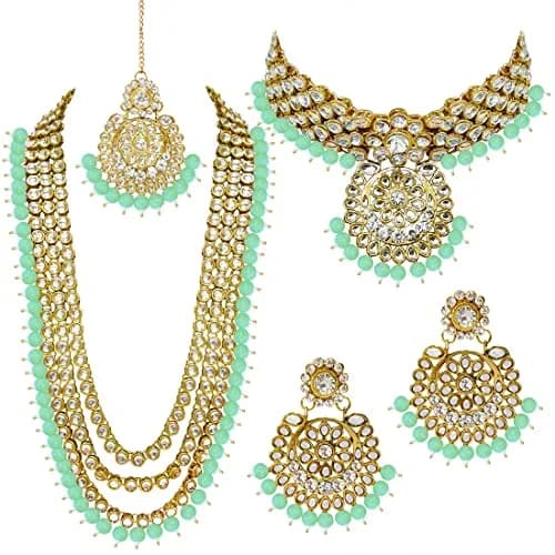 I Jewels Traditional Gold Plated Kundan Pearl Wedding Choker Necklace Set Earrings & Maang Tikka for Women (Mint) | 4-Piece Bridal Set thumbnail 1