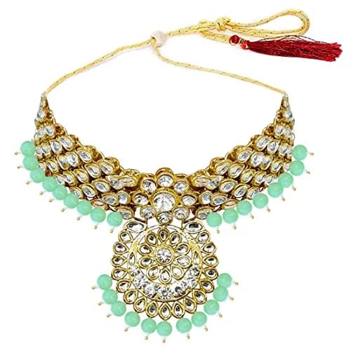I Jewels Traditional Gold Plated Kundan Pearl Wedding Choker Necklace Set Earrings & Maang Tikka for Women (Mint) | 4-Piece Bridal Set thumbnail 6
