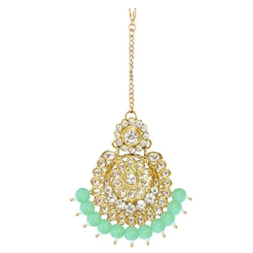 I Jewels Traditional Gold Plated Kundan Pearl Wedding Choker Necklace Set Earrings & Maang Tikka for Women (Mint) | 4-Piece Bridal Set thumbnail 7