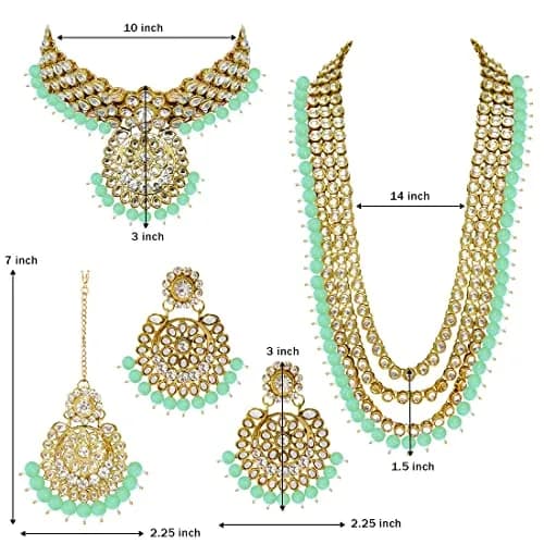 I Jewels Traditional Gold Plated Kundan Pearl Wedding Choker Necklace Set Earrings & Maang Tikka for Women (Mint) | 4-Piece Bridal Set thumbnail 8