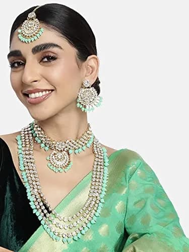 I Jewels Traditional Gold Plated Kundan Pearl Wedding Choker Necklace Set Earrings & Maang Tikka for Women (Mint) | 4-Piece Bridal Set thumbnail 9
