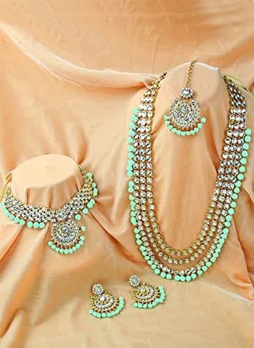 I Jewels Traditional Gold Plated Kundan Pearl Wedding Choker Necklace Set Earrings & Maang Tikka for Women (Mint) | 4-Piece Bridal Set thumbnail 2