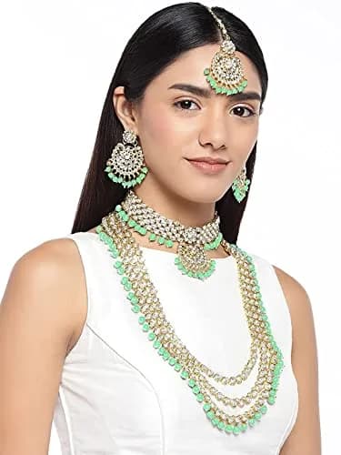 I Jewels Traditional Gold Plated Kundan Pearl Wedding Choker Necklace Set Earrings & Maang Tikka for Women (Mint) | 4-Piece Bridal Set thumbnail 3