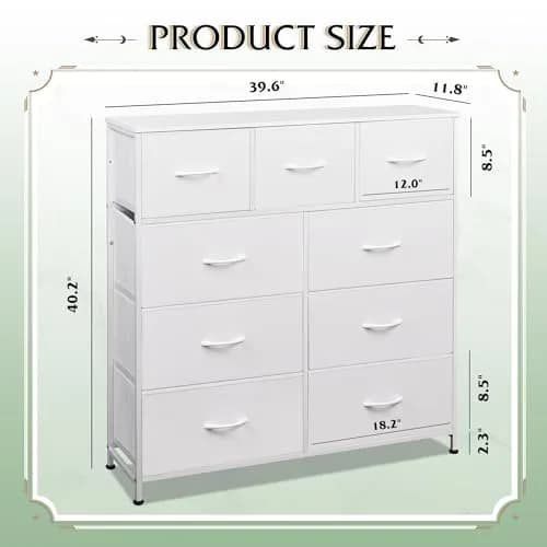 WLIVE Tall Dresser for Bedroom, 9 Drawer Chest of Drawers, White | Modern Fabric Storage Tower with Steel Frame thumbnail 7