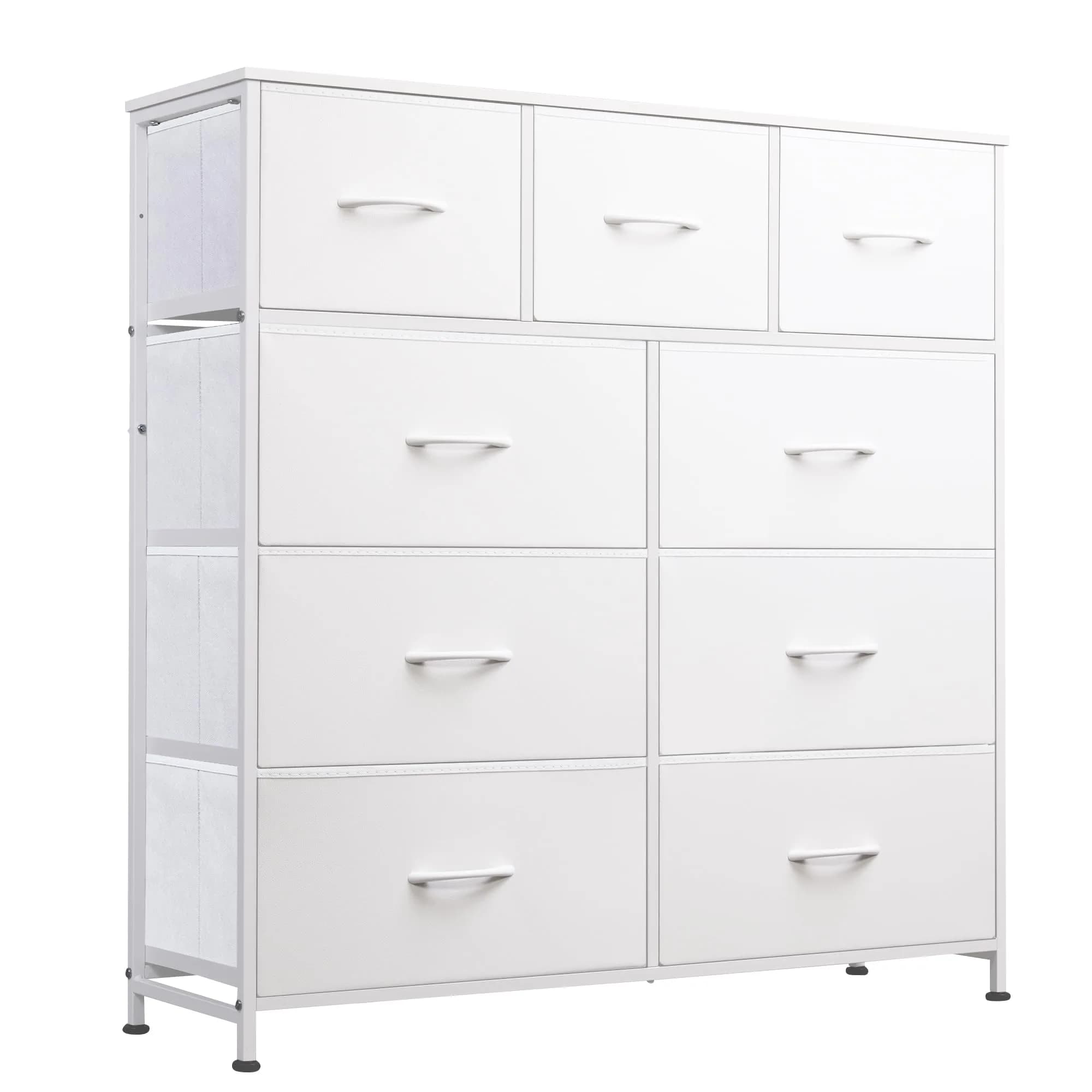 WLIVE Tall Dresser for Bedroom, 9 Drawer Chest of Drawers, White | Modern Fabric Storage Tower with Steel Frame