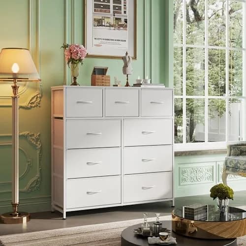WLIVE Tall Dresser for Bedroom, 9 Drawer Chest of Drawers, White | Modern Fabric Storage Tower with Steel Frame thumbnail 2