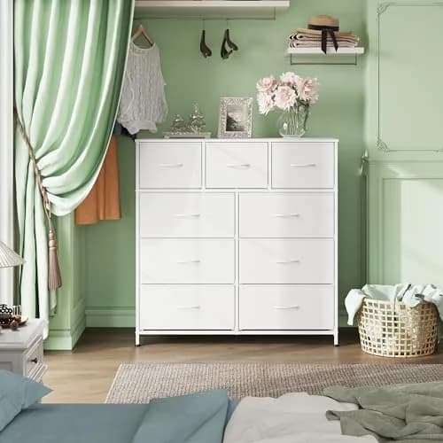 WLIVE Tall Dresser for Bedroom, 9 Drawer Chest of Drawers, White | Modern Fabric Storage Tower with Steel Frame thumbnail 3