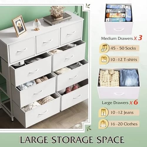 WLIVE Tall Dresser for Bedroom, 9 Drawer Chest of Drawers, White | Modern Fabric Storage Tower with Steel Frame thumbnail 4