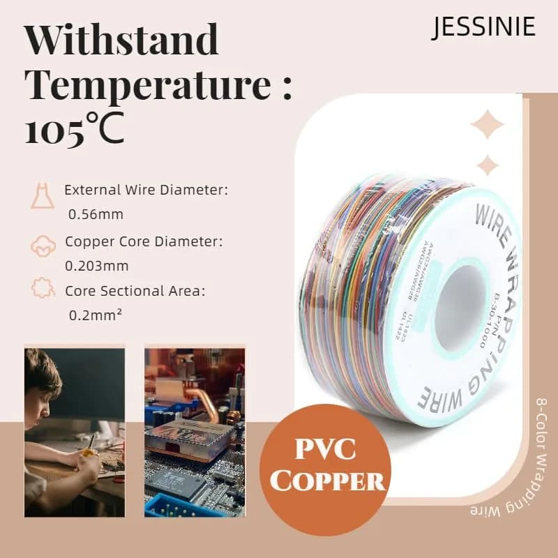 JESSINIE 8-Color Electronic Wire - 30 AWG Single Core, 250M | Tinned Copper Solid Cable for Circuit Boards thumbnail 3