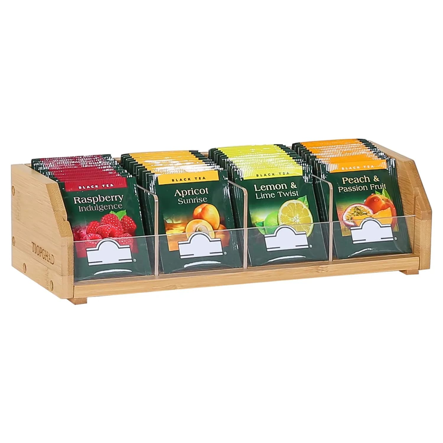 TIOPGHAD 3-Layer Bamboo Tea Bag Organizer Storage Holder, Brown | Stackable, Removable Compartments, 260 Tea Bags Capacity — Natural / 1 Tier