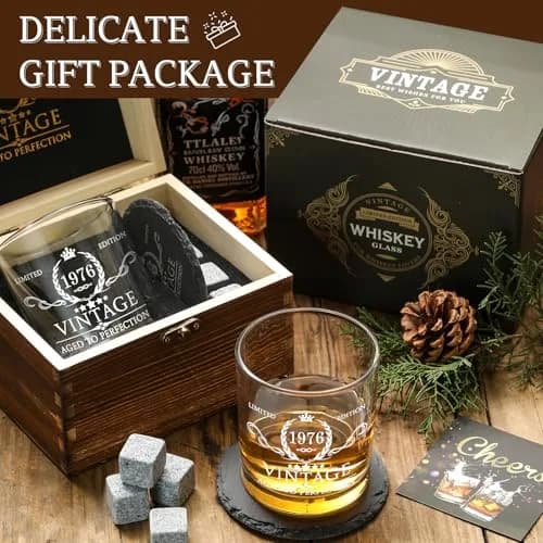 AOZITA 50th Birthday Whiskey Glass Set - 11oz Classic Old Fashioned Glass with Wooden Box & Whiskey Stones thumbnail 4