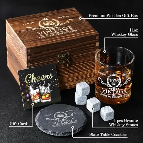 AOZITA 50th Birthday Whiskey Glass Set - 11oz Classic Old Fashioned Glass with Wooden Box & Whiskey Stones thumbnail 3