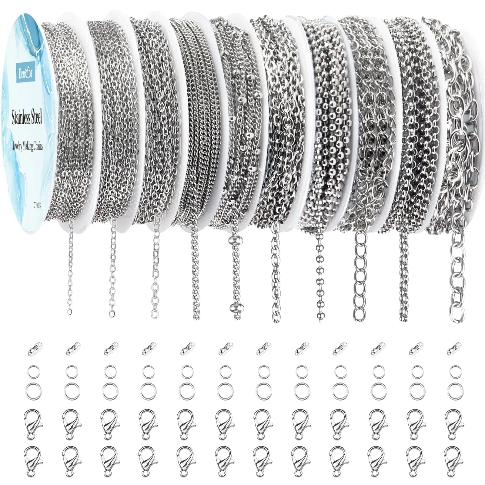 Ecoofor Stainless Steel Jewelry Chain Making Kit 22.5m (78.7ft) | 10 Rolls with Jump Rings & Clasps