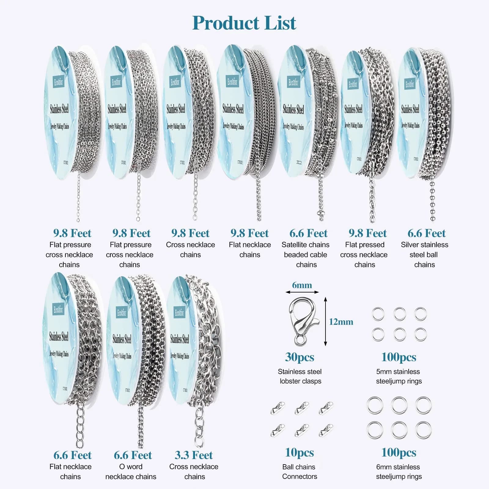 Ecoofor Stainless Steel Jewelry Chain Making Kit 22.5m (78.7ft) | 10 Rolls with Jump Rings & Clasps - view 3