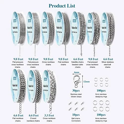 Ecoofor Stainless Steel Jewelry Chain Making Kit 22.5m (78.7ft) | 10 Rolls with Jump Rings & Clasps thumbnail 3