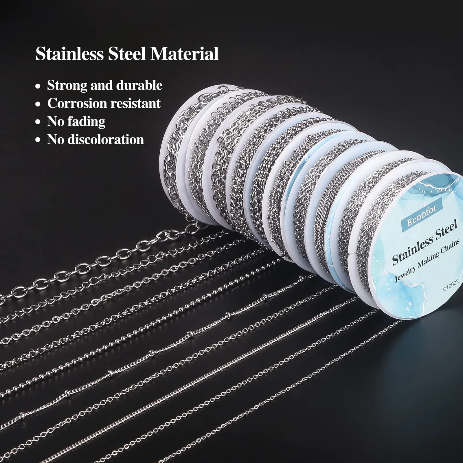 Ecoofor Stainless Steel Jewelry Chain Making Kit 22.5m (78.7ft) | 10 Rolls with Jump Rings & Clasps - view 4