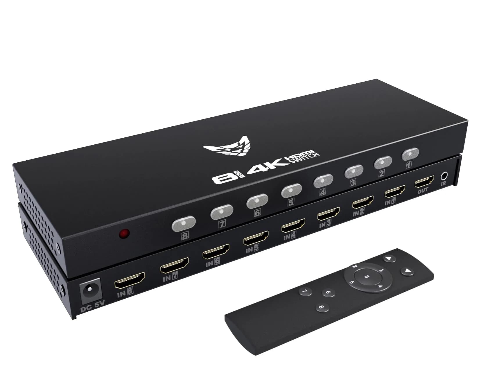 DiamondTiger 8 Port 4K HDMI Switcher Box IR Remote Control PC PS4 Xbox | 4K@30Hz, 8-in-1 Out, Durable Metal Enclosure — 8x1 4K@30HZ