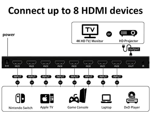 DiamondTiger 8 Port 4K HDMI Switcher Box IR Remote Control PC PS4 Xbox | 4K@30Hz, 8-in-1 Out, Durable Metal Enclosure thumbnail 2