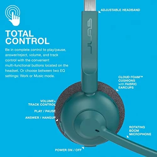 JLab Go Work Pop On-Ear Wireless Headset Teal | Bluetooth Multipoint Noise Canceling Boom Mic thumbnail 6