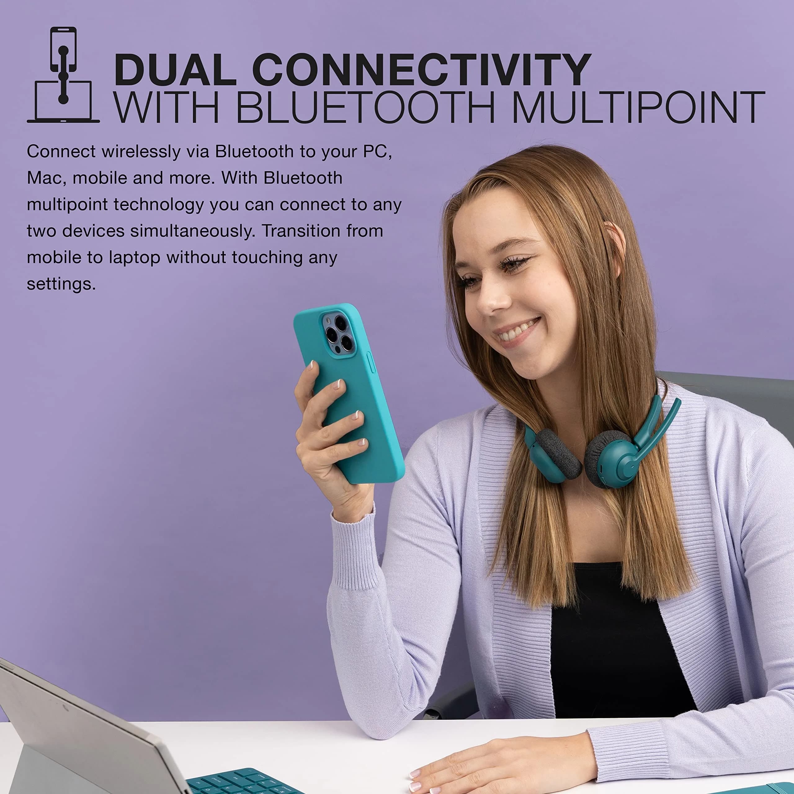 JLab Go Work Pop On-Ear Wireless Headset Teal | Bluetooth Multipoint Noise Canceling Boom Mic - view 2