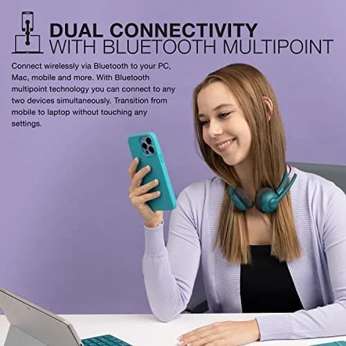 JLab Go Work Pop On-Ear Wireless Headset Teal | Bluetooth Multipoint Noise Canceling Boom Mic thumbnail 2