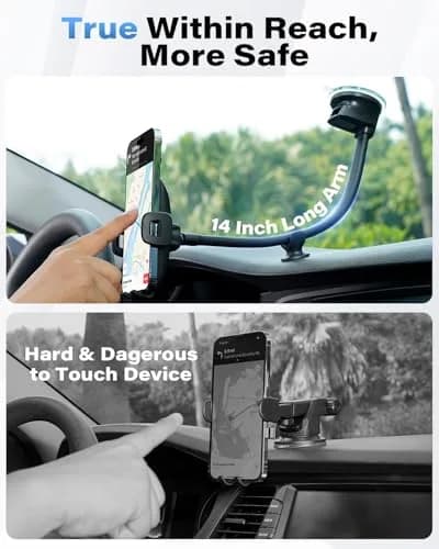 1Zero Solid Car Truck Phone Mount Holder Black with 14" Gooseneck Long Arm | 360° Rotation & Strong Suction thumbnail 2