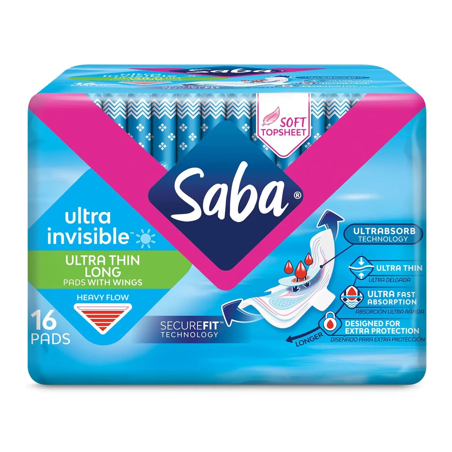 Saba Ultra Invisible Long Pads with Wings, Heavy Flow, 96 Count | Discreet, Heavy Absorbency, Soft & Breathable — Pad