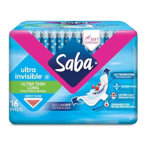 Saba Ultra Invisible Long Pads with Wings, Heavy Flow, 96 Count | Discreet, Heavy Absorbency, Soft & Breathable thumbnail 1