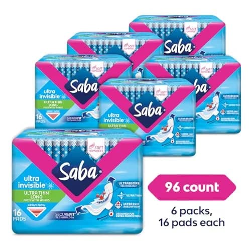 Saba Ultra Invisible Long Pads with Wings, Heavy Flow, 96 Count | Discreet, Heavy Absorbency, Soft & Breathable thumbnail 2