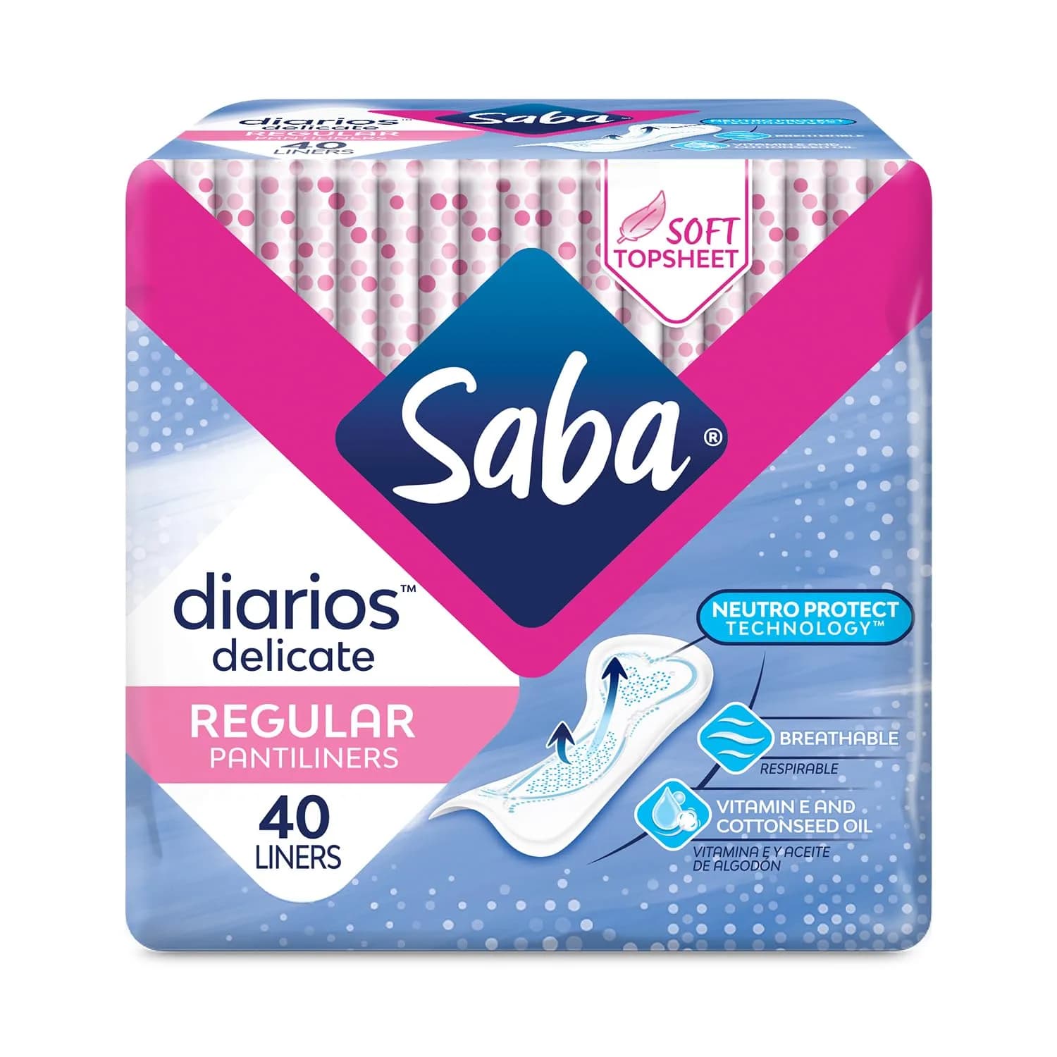 Saba Diarios Regular Delicate Panty Liners 40 Count | Unscented, Hypoallergenic, Breathable Daily Feminine Hygiene