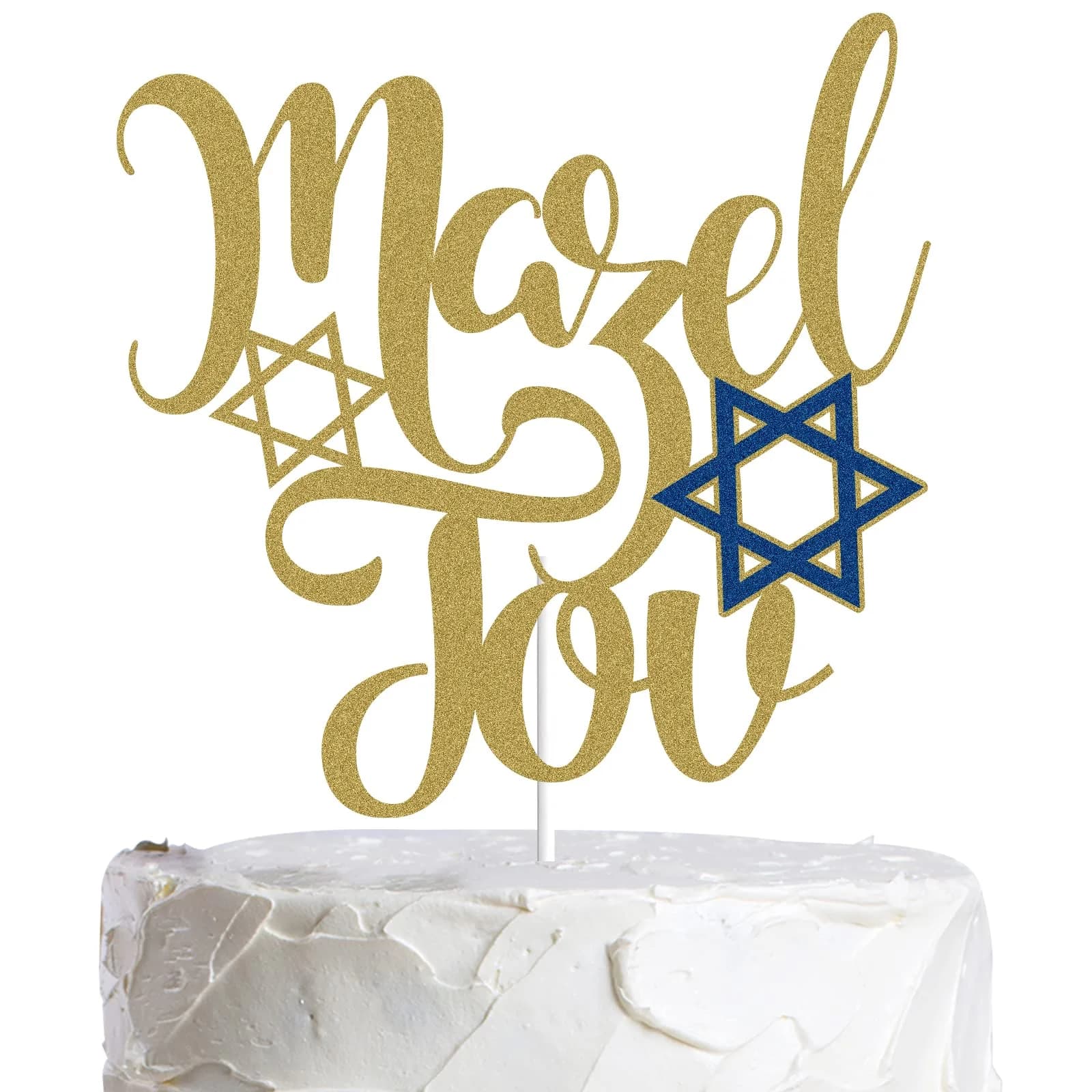 LINGBOOM Mazel Tov Cake Topper Gold Glitter Jewish Birthday 9.8*15 cm | Festive Cake Decoration with Hebrew Congratulations — Dark Gold