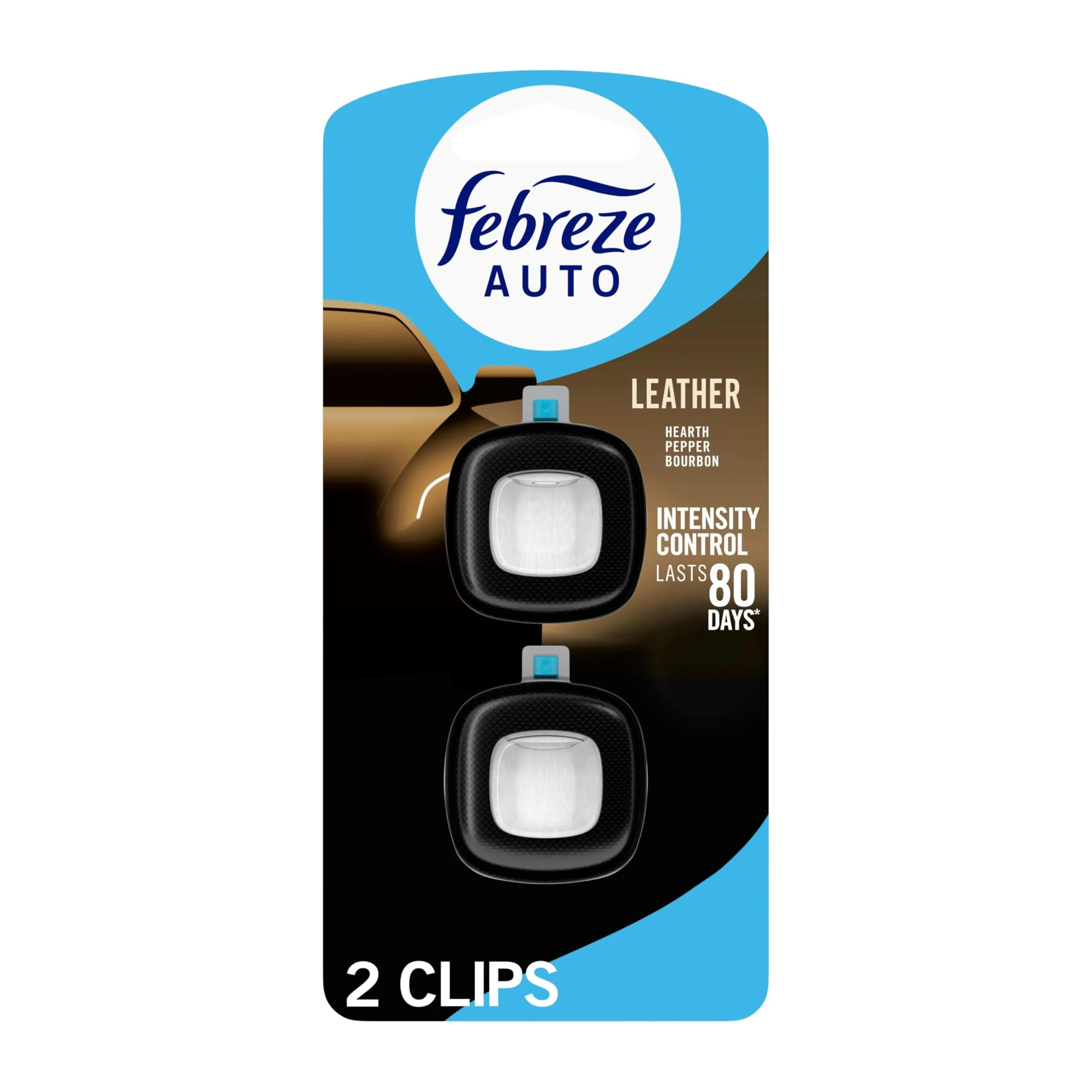 Febreze Car Vent Clip Air Freshener, Leather Scent, Eliminates Odors for 80 Days (Pack of 2) - main product image