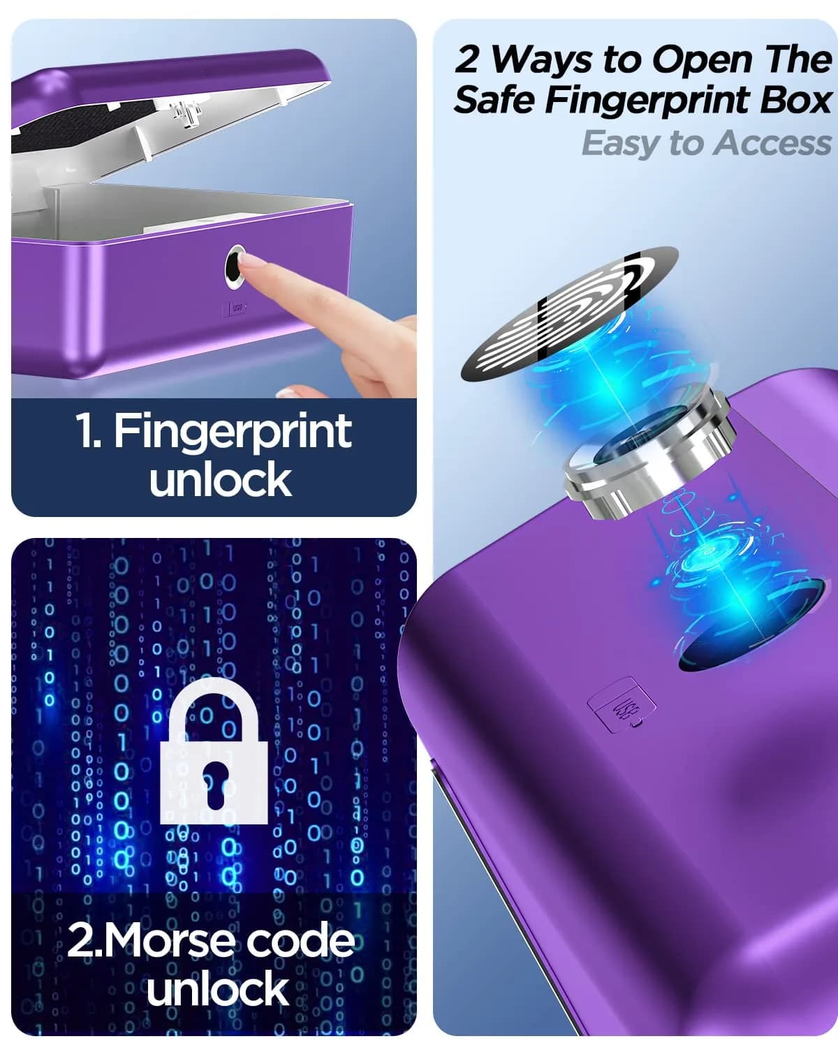 AICase Biometric Fingerprint Storage Box Purple | Portable Cash Jewelry Security Lock Box Safe with Combination Lock - view 2