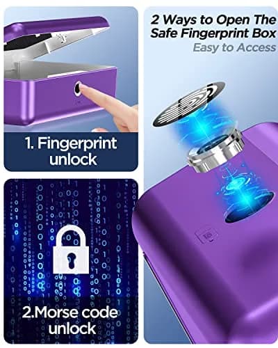 AICase Biometric Fingerprint Storage Box Purple | Portable Cash Jewelry Security Lock Box Safe with Combination Lock thumbnail 2