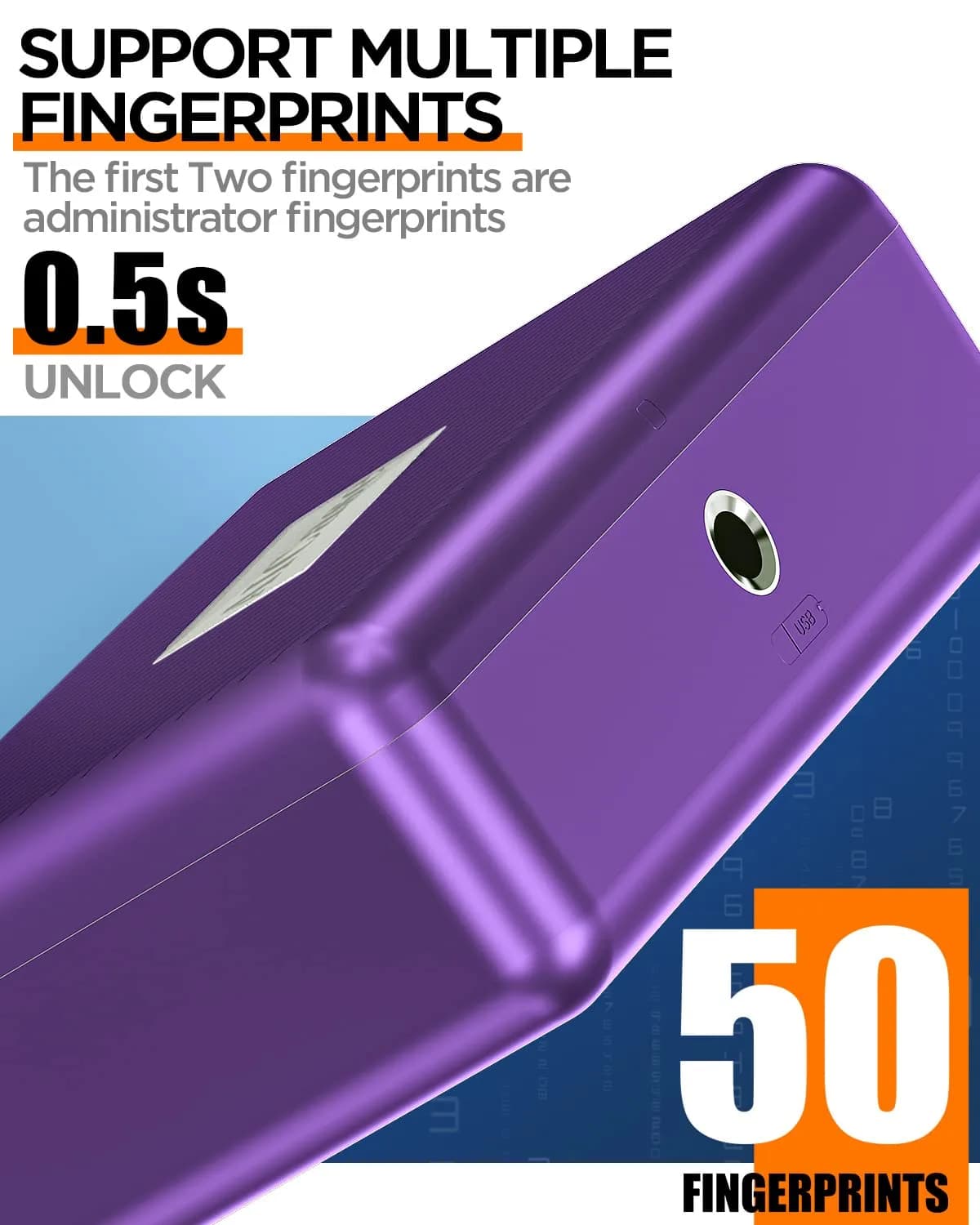 AICase Biometric Fingerprint Storage Box Purple | Portable Cash Jewelry Security Lock Box Safe with Combination Lock - view 3