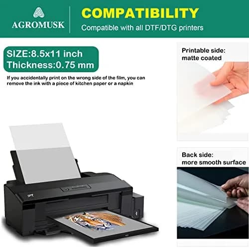 Agromusk DTF Transfer Film 8.3" x 11.7" (A4 Size) 50 Sheets PET Direct to Film Transfer Paper | For All DTF/DTG Printers thumbnail 3