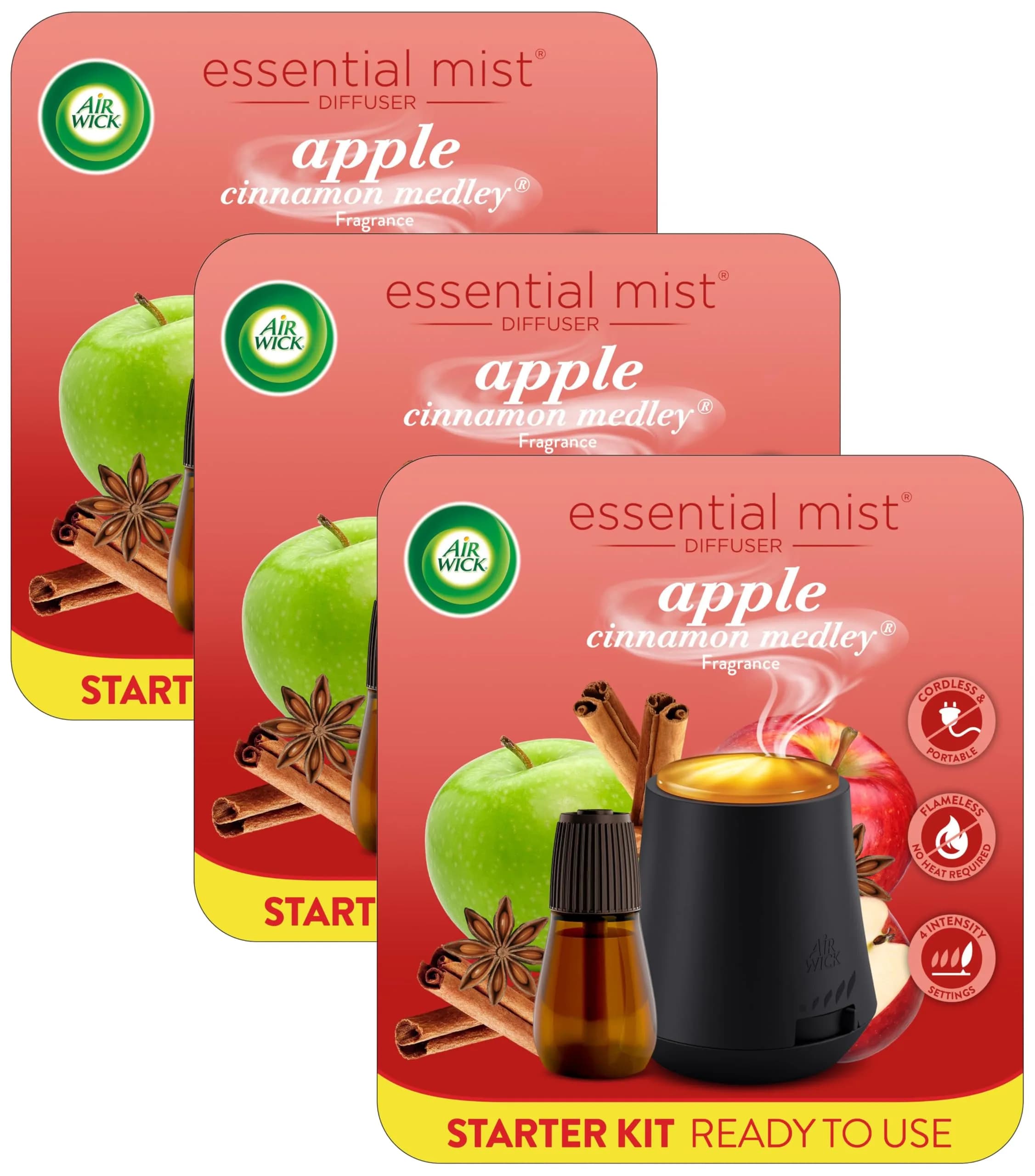 Air Wick Essential Mist Starter Kit, Apple Cinnamon | Modern Cordless Diffuser with Natural Essential Oils (70-120 chars) — Black