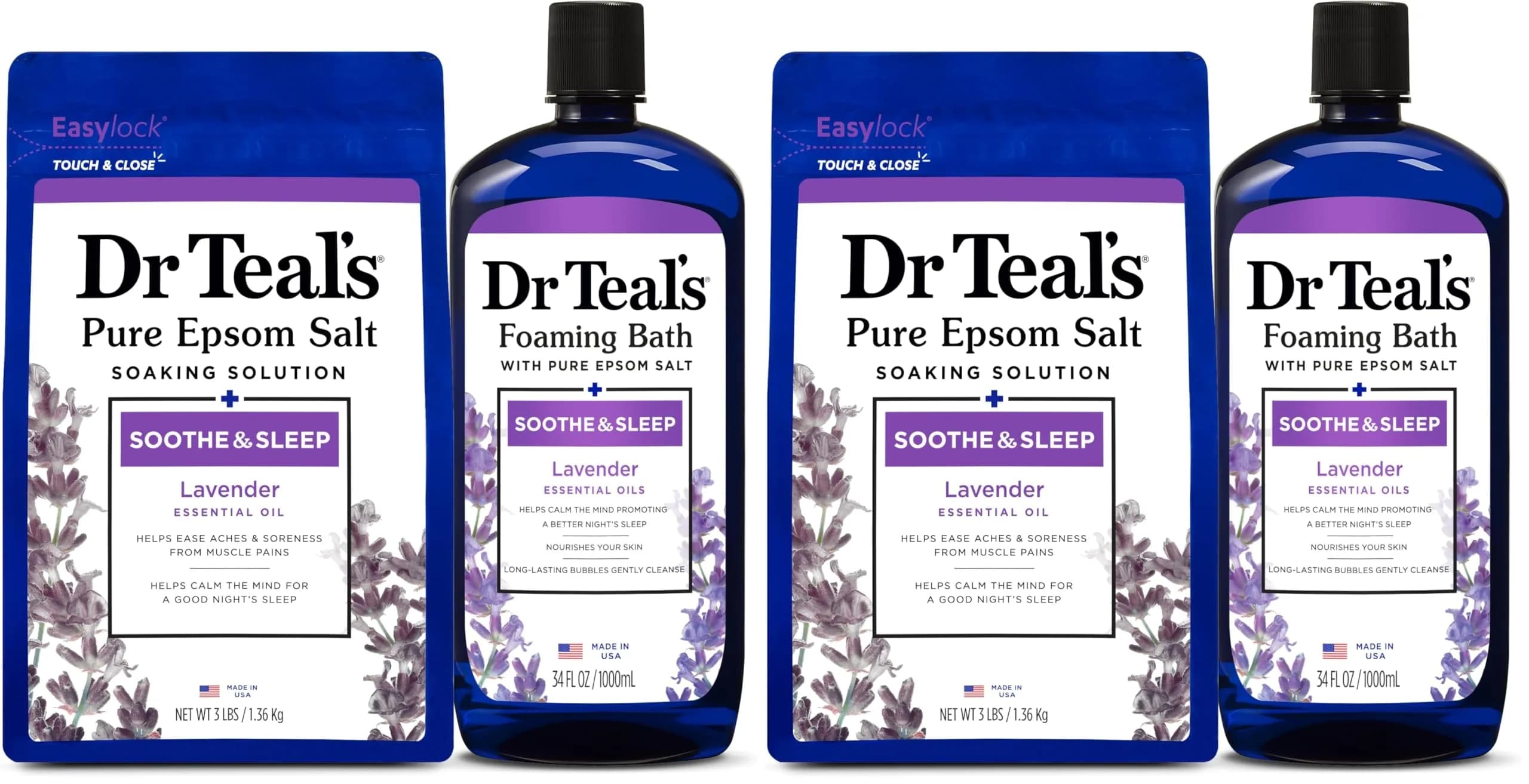 Dr Teal's Epsom Salt Soaking Solution & Foaming Bath Combo Pack, Lavender - 3 lb Salt & 34 fl oz Foaming Bath | Soothes Body & Mind